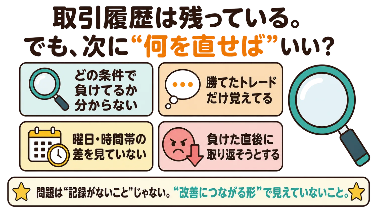取引履歴は残っているのに、次に何を直せばいいか分からない。どの条件で負けているか分からない／勝てたトレードだけ覚えている／曜日・時間帯の差を見ていない／負けた直後に取り返そうとする。問題は記録がないことではなく、改善につながる形で見えていないこと。